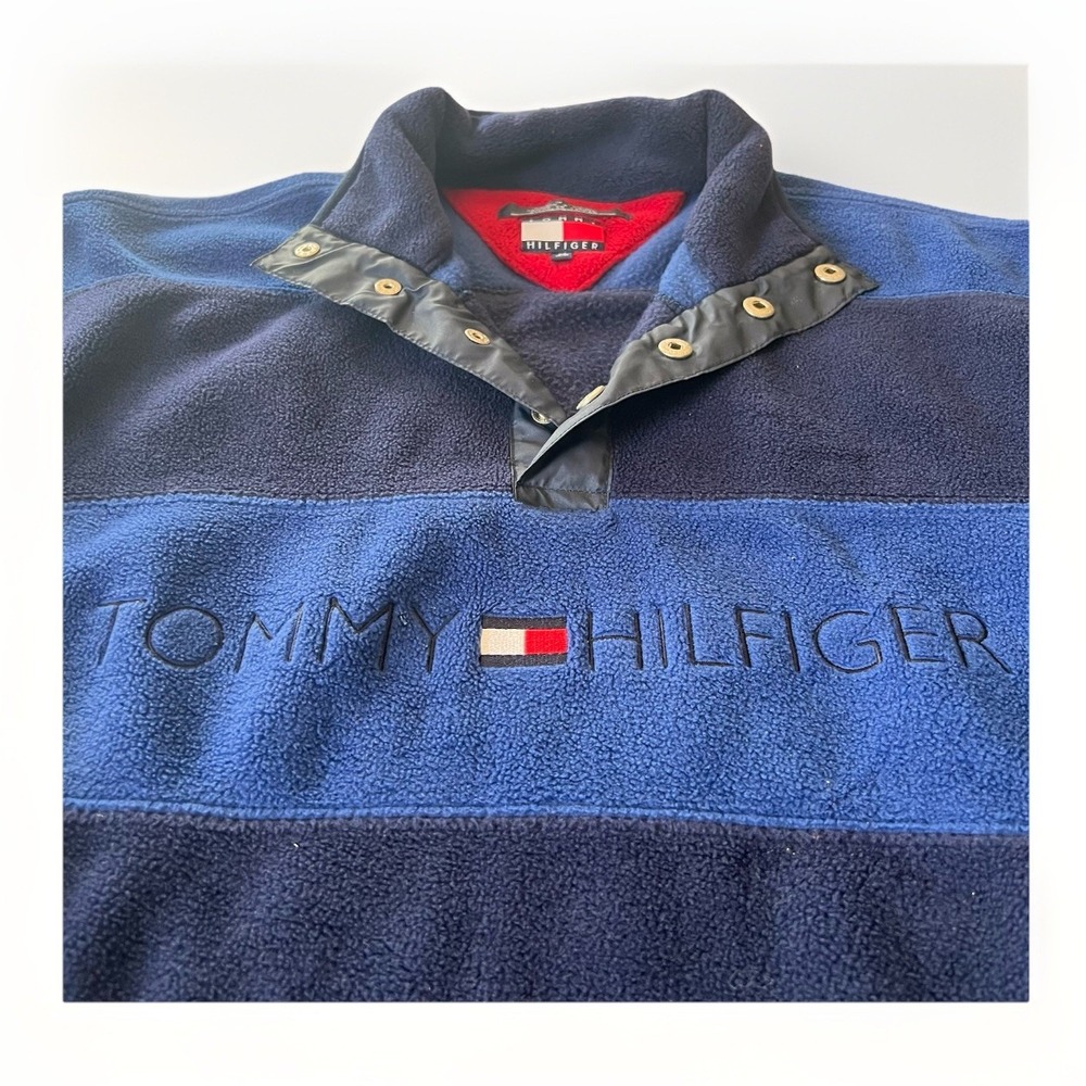 90s Vintage Tommy Hilfiger Blue Fleece‎ Pullover M Snap Collar Taiwan
